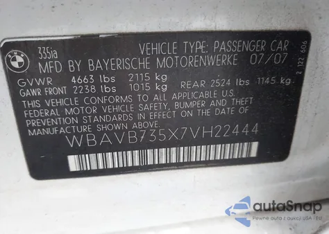 2007 BMW 335I из США, поврежденный, VIN WBAVB735X7VH22444